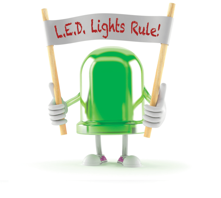 A cartoon light holding up a banner that says 'LED Lights Rule'